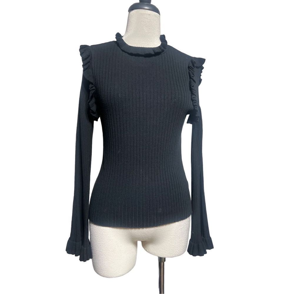 Line & Dot Black Ribbed Long Trumpet Sleeve Sweater Size Small